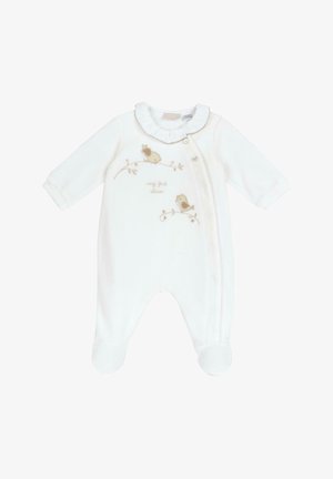 Pelele blanco para bebé con mangas largas, fabricado en tela suave, con cuello con volantes y pájaros bordados junto con el texto "mis primeros zapatos". Botones en el lateral.