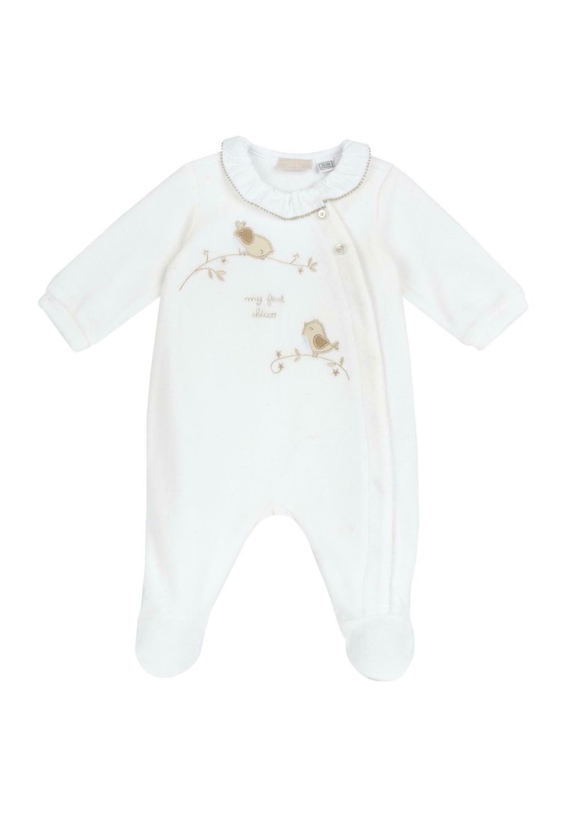 Pelele blanco para bebé con mangas largas, fabricado en tela suave, con cuello con volantes y pájaros bordados junto con el texto "mis primeros zapatos". Botones en el lateral.
