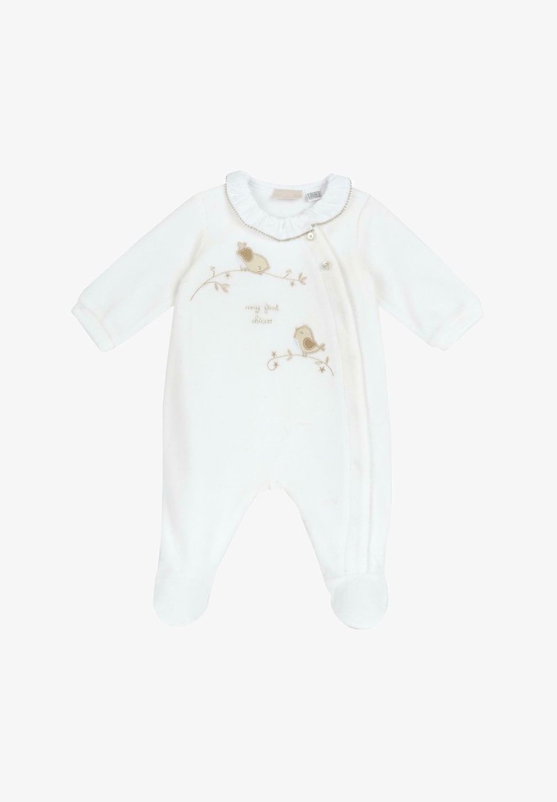 Pelele blanco para bebé con mangas largas, fabricado en tela suave, con cuello con volantes y pájaros bordados junto con el texto "mis primeros zapatos". Botones en el lateral.