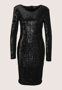 Schwarzes, langärmeliges, knielanges Kleid mit vertikalen Paillettenstreifen und rundem Ausschnitt.