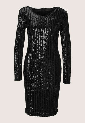 Schwarzes, langärmeliges, knielanges Kleid mit vertikalen Paillettenstreifen und rundem Ausschnitt.