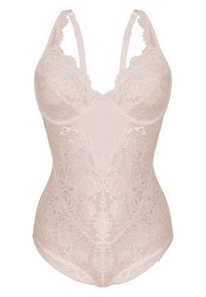 Spitzen-Bodysuit in hellem Nude mit geformten Cups, floralen Mustern, verstellbaren Trägern und einem nahtlosen Rücken für eine glatte Passform.