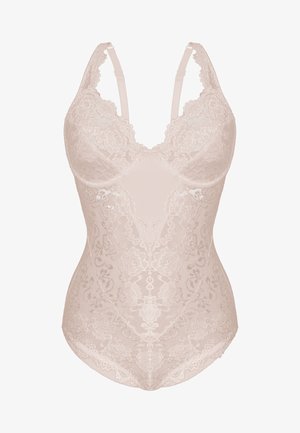 Spitzen-Bodysuit in hellem Nude mit geformten Cups, floralen Mustern, verstellbaren Trägern und einem nahtlosen Rücken für eine glatte Passform.