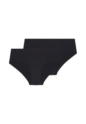 Zwei schwarze nahtlose Damen-Hipster-Slips, auf einem weißen Hintergrund gestapelt.