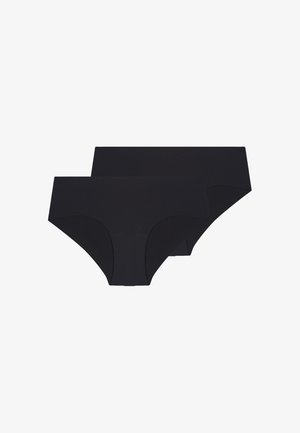 Two black seamless women's hipster underwear briefs stacked on a white background.