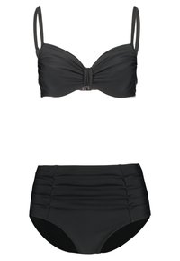 Svart bikinisett med en vridd bandeau topp med justerbare stropper og en høy midje-bunn med samlet detaljer. Glatt stoff.