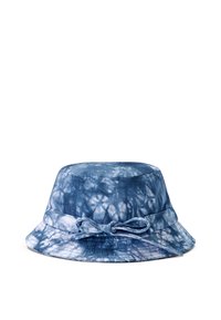 Bucket-hatt i blått batiktyg. Har en bred brätte, mjuk textur och en matchande tygknut runt kransen.