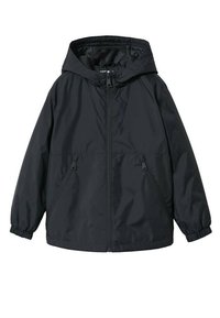 Sort, lette jakke med hætte, lynlåslukning, elastiske manchetter og to sidelommer. Glat, vandafvisende stofoverflade.