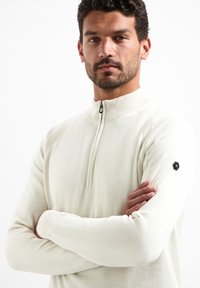 Lichtcrème zip-up trui met een hoge kraag, geribbelde manchetten en een hexagonaal logo-opdruk op de linkermouw. Zachte brei textuur.