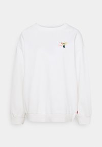 Sudadera blanca de algodón. Presenta un bordado colorido de un colibrí cerca del cuello y puños y dobladillo acanalados.