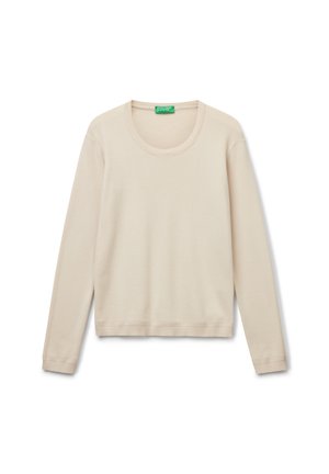 Felpa beige a maniche lunghe con scollatura rotonda, polsini e orlo a costine. Realizzata in tessuto morbido con una texture liscia. Etichetta verde interna.
