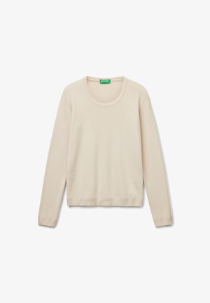 Felpa beige a maniche lunghe con scollatura rotonda, polsini e orlo a costine. Realizzata in tessuto morbido con una texture liscia. Etichetta verde interna.