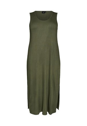 Robe midi côtelée sans manches couleur vert olive avec encolure ronde et fentes sur les côtés.