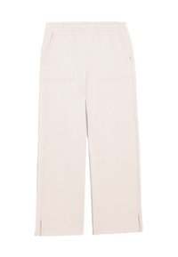 Lichtbeige broek van zacht materiaal, met een relaxte pasvorm, twee voorkruiken en zijsplits aan de onderkant voor extra detail.