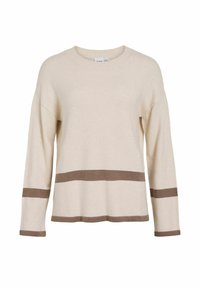 Pull crème en tissu doux avec manches longues, col rond et deux bandes horizontales marron traversant la poitrine et les manches.