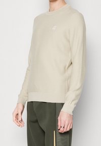 Suéter de textura beige con cuello redondo, puños y dobladillo acanalados. Presenta un pequeño parche de logo en el pecho. Combinado con pantalones verde oscuro.