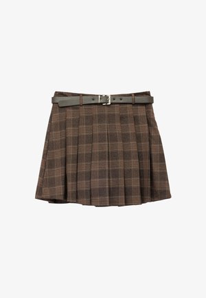 Jupe à carreaux marron avec un design plissé et une ceinture gris foncé. Présente un motif à carreaux subtil avec des accents orange et jaune.