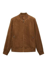 Veste bombardier en daim marron avec une fermeture éclair sur le devant, un col côtelé et des poignets côtelés. Comprend des poches latérales et une texture lisse.