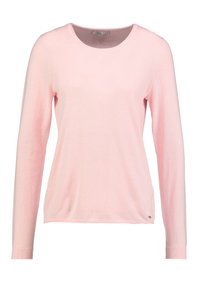Suéter de manga larga rosa claro, cuello redondo, textura suave, puños acanalados, aberturas laterales y pequeño detalle de logo en el dobladillo.