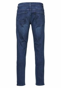 Sötétkék farmernadrág, slim fit, sima tapintású. Két hátsó zsebbel és klasszikus derékpánttal rendelkezik. Látható kopás nélkül.