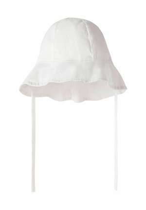 Chapeau de soleil en coton blanc avec large bord et deux longues lanières sous le menton, conçu pour bébé ou tout-petit.