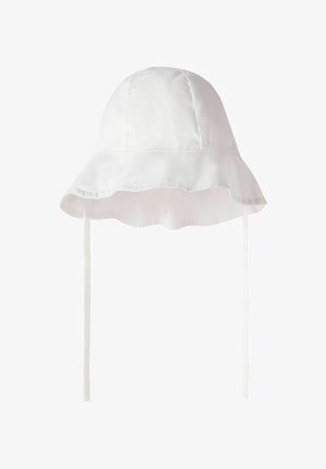 Weißer Baumwoll-Sonnenhut mit breiter Krempe und zwei langen Kinnbändern, entworfen für Baby oder Kleinkind.