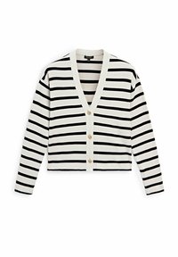 Black and white striped cardigan in a ribbed texture, featuring a deep V-neck, white button front, and long sleeves.