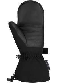 Black leather mittens with a soft fabric cuff, elastic binding, and adjustable strap for a secure fit. Textured surface on the leather.
