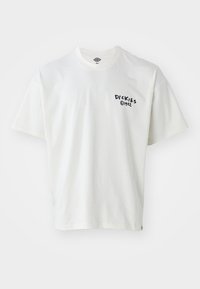 Short-sleeve white t-shirt made of cotton with a round neckline. Features a black printed logo on the left chest area and a small label at the hem.