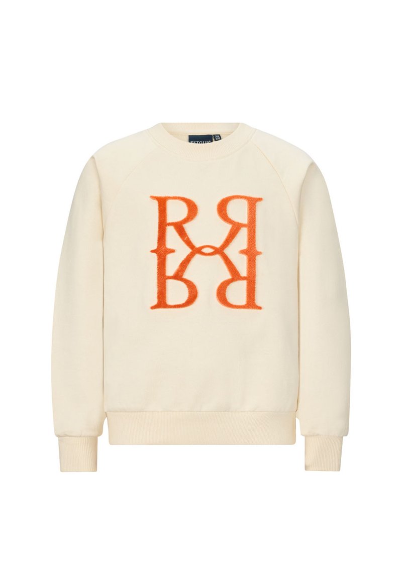 Felpa color crema con maniche raglan, caratterizzata da un logo "RR" in rilievo arancione sul davanti e bordi a coste sui polsini e sull'orlo.