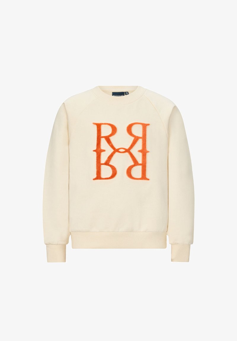Felpa color crema con maniche raglan, caratterizzata da un logo "RR" in rilievo arancione sul davanti e bordi a coste sui polsini e sull'orlo.