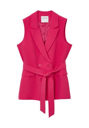 Fuchsia ärmellose Weste mit doppelter Knopfleiste, Reverskragen, Fronttaschen und einem Bindegürtel in der Taille. Glattes, maßgeschneidertes Gewebe.