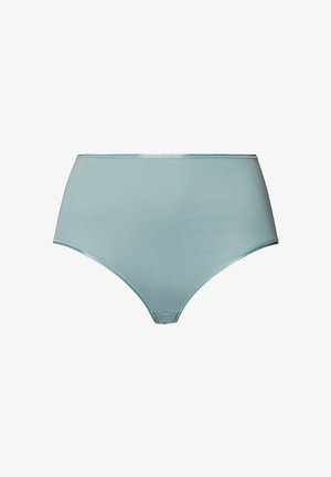 High-waisted underwear in soft, light blue fabric with a smooth texture, featuring a seamless waist and leg openings for comfort.
