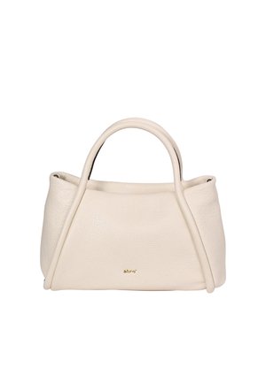 Cream leather handbag with a textured surface, two top handles, curved shape, and subtle gold branding on the front. Minimalist design.