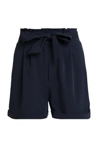 Námořnické modré šortky s vysokým pasem, se spuštěným látkovým páskem a ohrnutými lemy, s hladkým, upraveným vzhledem.