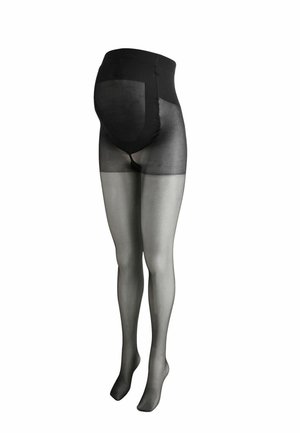 Schwarze Schwangerschaftsstrumpfhose mit verstärkter Bauchstütze und durchsichtigen Beinen, dargestellt an einer Schaufensterpuppe von der Mitte des Oberschenkels abwärts.