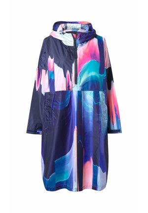 Wasserabweisender, mit Kapuze versehener Mantel in den Farbtönen Marineblau, Pink und Türkis mit abstraktem Muster. Verfügt über einen Frontreißverschluss und zwei Seitentaschen.