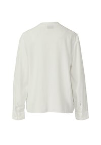 Langärmeliges weißes Hemd, von hinten gezeigt, mit geknöpften Manschetten und einem kleinen Etikett am Halsausschnitt.