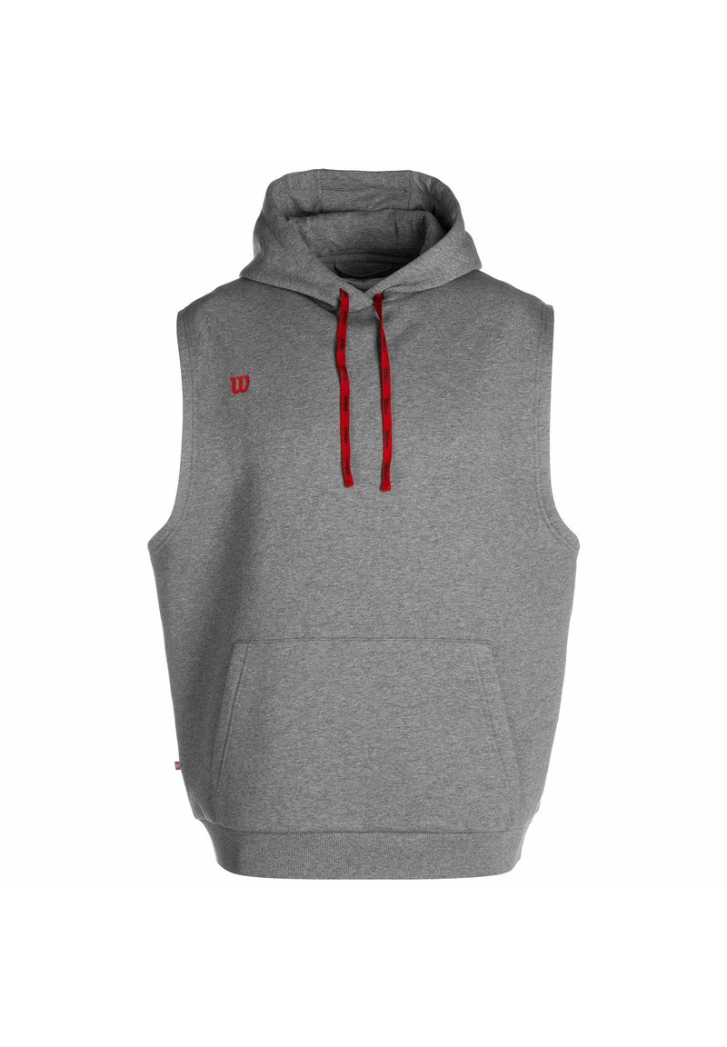 Grå ärmlös hoodie med en framficka, röda snören och en liten logotyp på bröstet. Tillverkad av mjukt, strukturerat tyg.