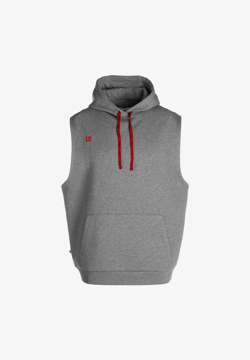 Grå ärmlös hoodie med en framficka, röda snören och en liten logotyp på bröstet. Tillverkad av mjukt, strukturerat tyg.