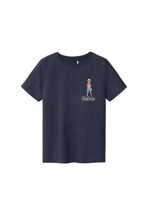 T-shirt bleu marine à manches courtes avec un petit dessin d'un personnage de dessin animé debout portant un chapeau de paille et le texte "One Piece" sur la poitrine.