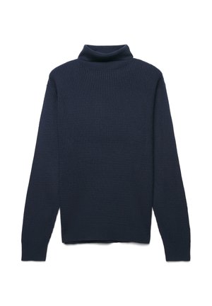 Maglione a collo alto di colore navy realizzato in tessuto a costine. Presenta maniche lunghe e un collo alto, con una vestibilità rilassata e senza motivi visibili.
