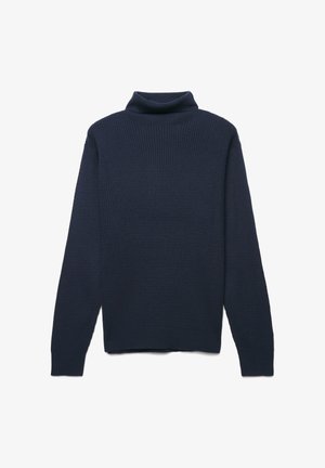 Navy-blauer Rollkragenpullover aus geripptem Strickstoff. Mit langen Ärmeln und hohem Kragen, lockerer Passform und ohne sichtbare Muster.
