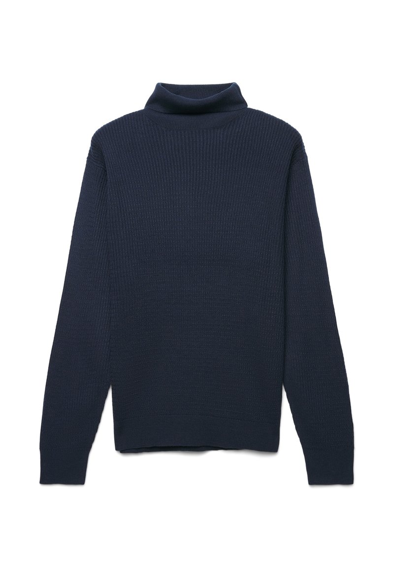 Navy-blauer Rollkragenpullover aus geripptem Strickstoff. Mit langen Ärmeln und hohem Kragen, lockerer Passform und ohne sichtbare Muster.