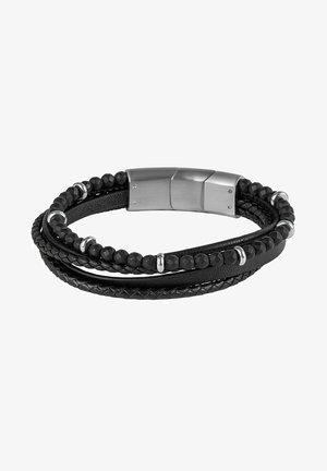 Bracciale in pelle nera con sezioni intrecciate e lisce, decorato con perline nere e hardware metallico, dotato di chiusura a scatto.