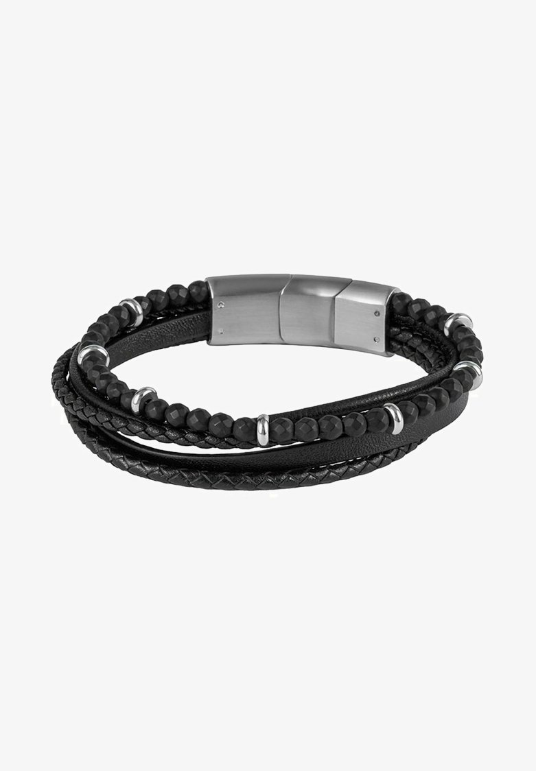 Svart läderarmband med flätade och släta sektioner, prytt med svarta pärlor och metallhardware, med ett lås som stänger.