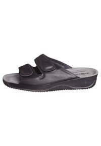 Sorte læder slidesandaler med to justerbare velcro-stropper, formet sål og struktureret gummiydersål for godt greb.
