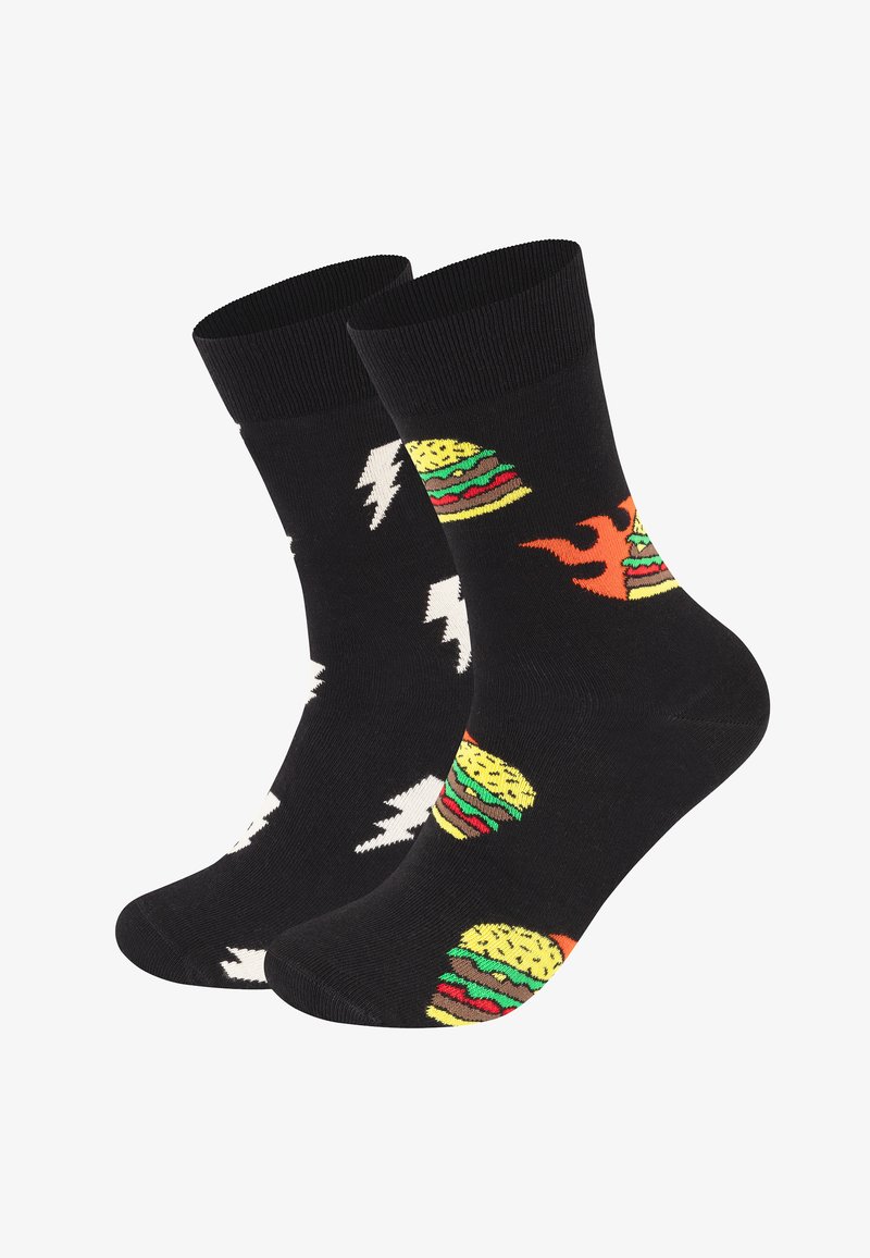 Black cotton socks featuring colorful hamburger and lightning bolt patterns; design includes red, yellow, and green accents throughout.
