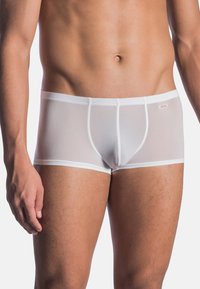 White men's boxer briefs made of sheer material, featuring a plain design with white accents and a stitched waistband.