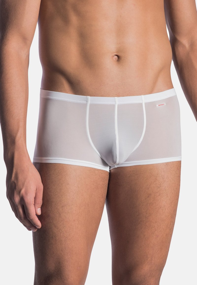 White men's boxer briefs made of sheer material, featuring a plain design with white accents and a stitched waistband.